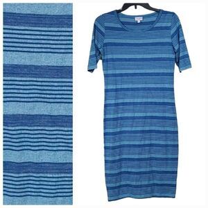 LuLaRoe Julia S 4/6 Turquoise Stripe Knee Length Stretchy Fitted Midi Dress